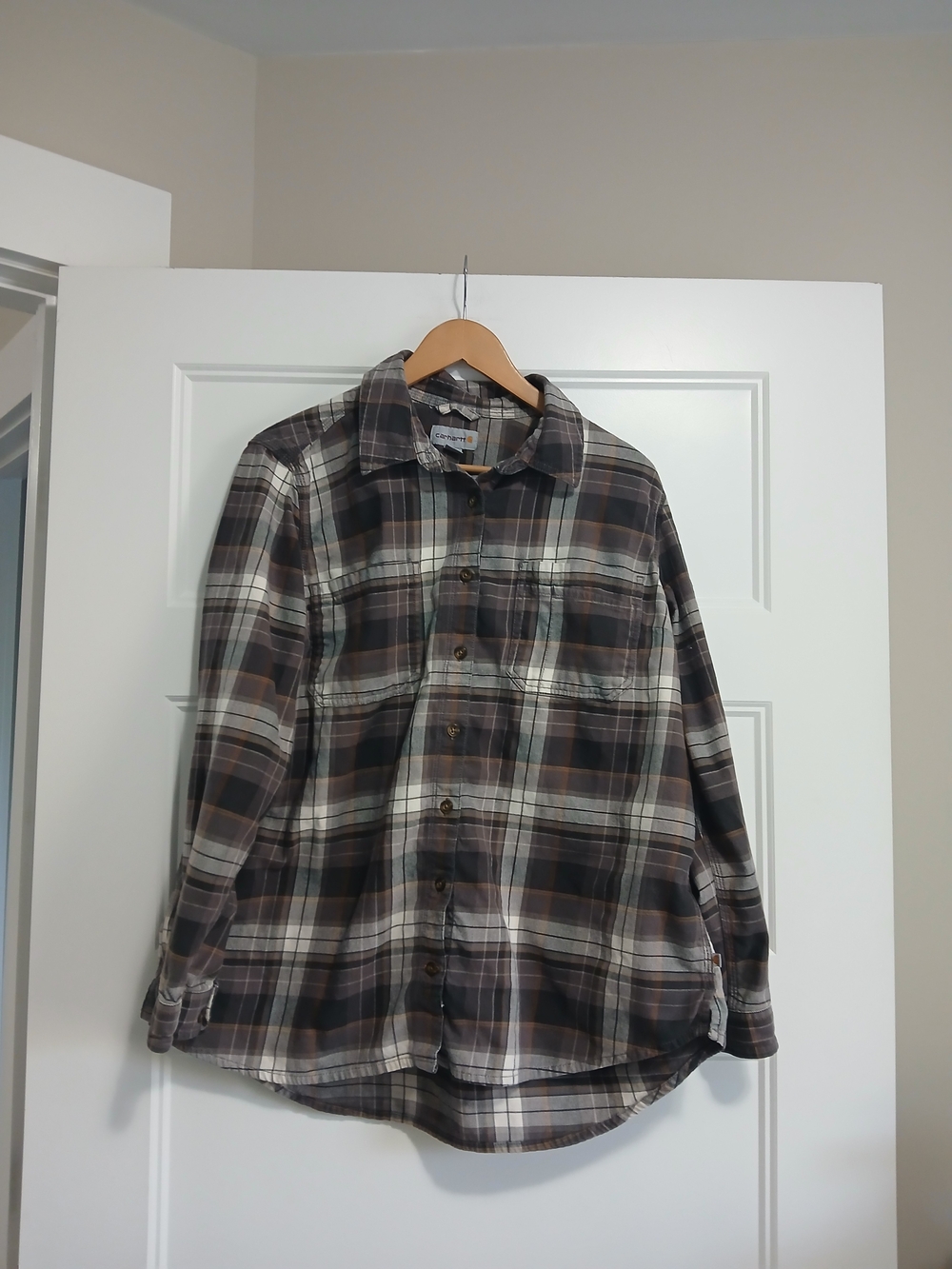 Men's Plaid Button-Up Shirt in Brown and Gray